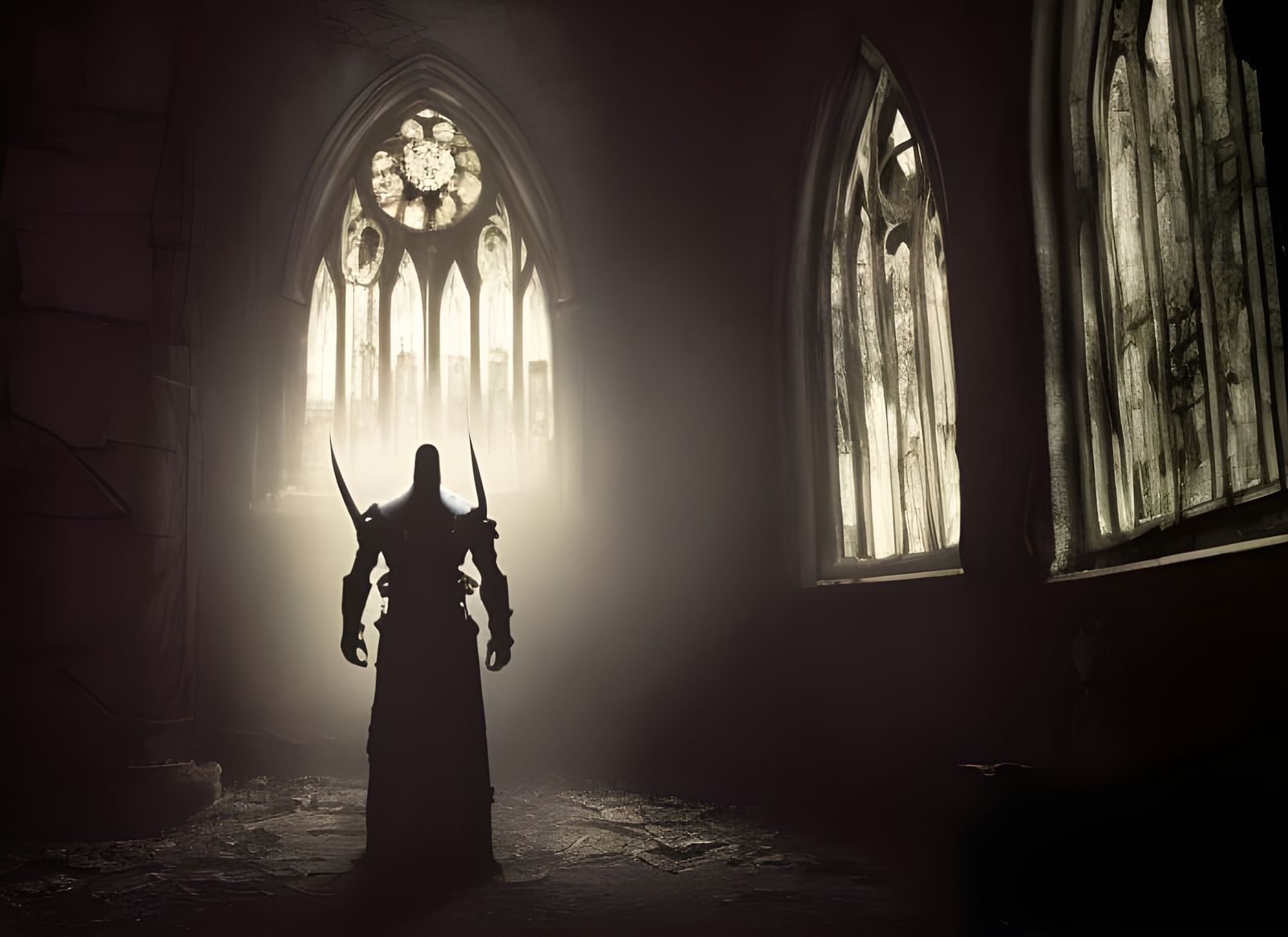 Dark Fantasy Paladin in Desecrated Church Interior
