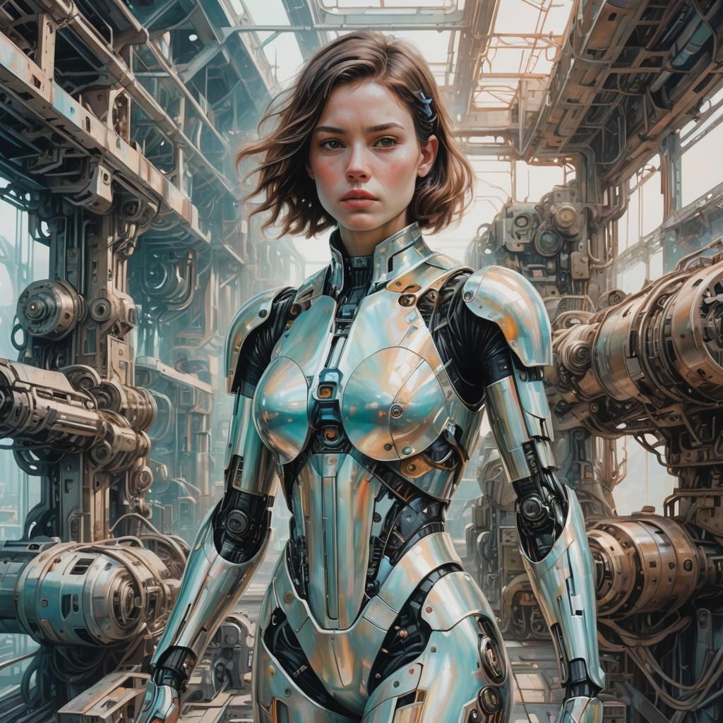 Hazy Woman and Sci-Fi Machinery in Soft Pastels