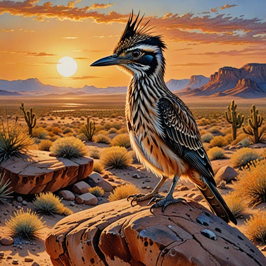 Hyperrealistic Desert Sunset with Grumpy Roadrunner