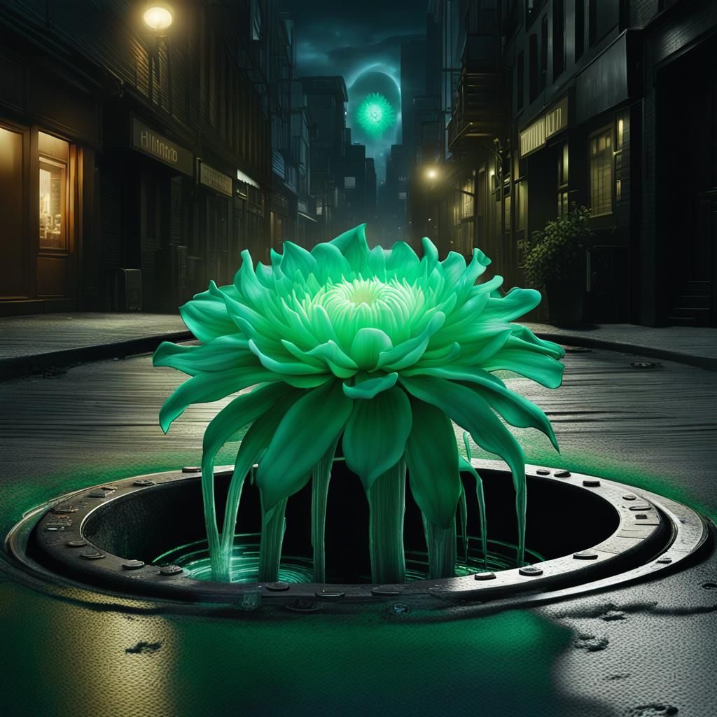 Bioluminescent Flower Blooms in City Street, Photorealistic