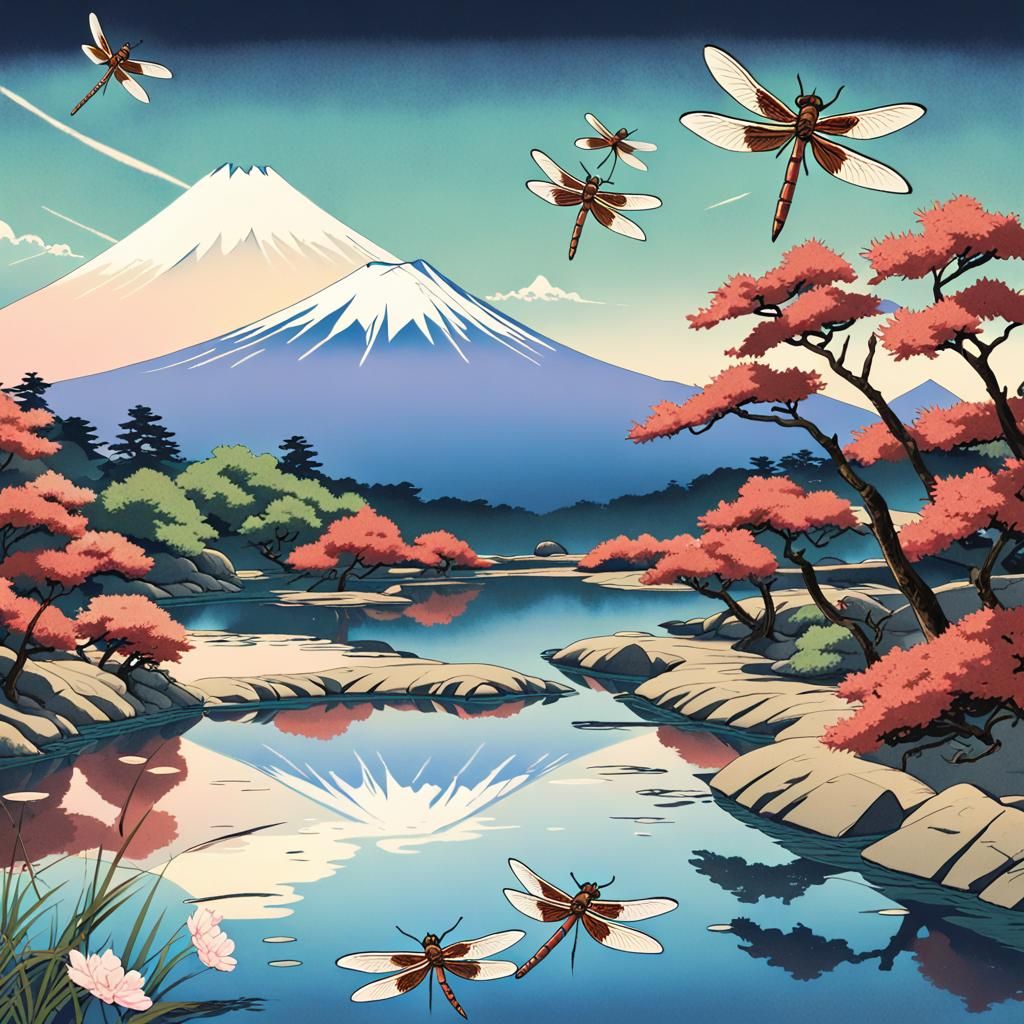 Dragonflies Over Japanese Pond in Ukiyo-e Style