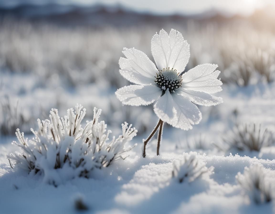 Frozen White Flower in Tundra Landscape