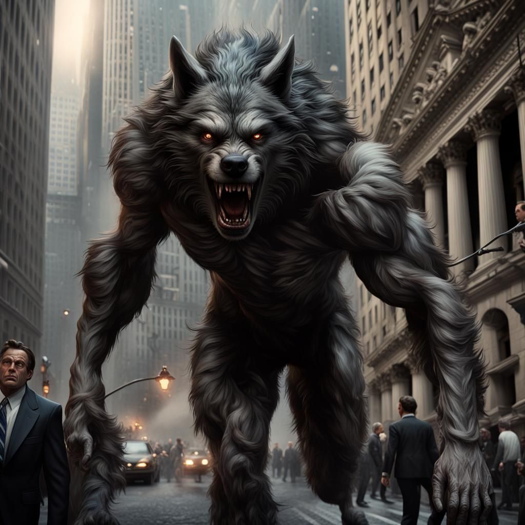 Dramatic Werewolves Roam Wall Street in Digital Painting