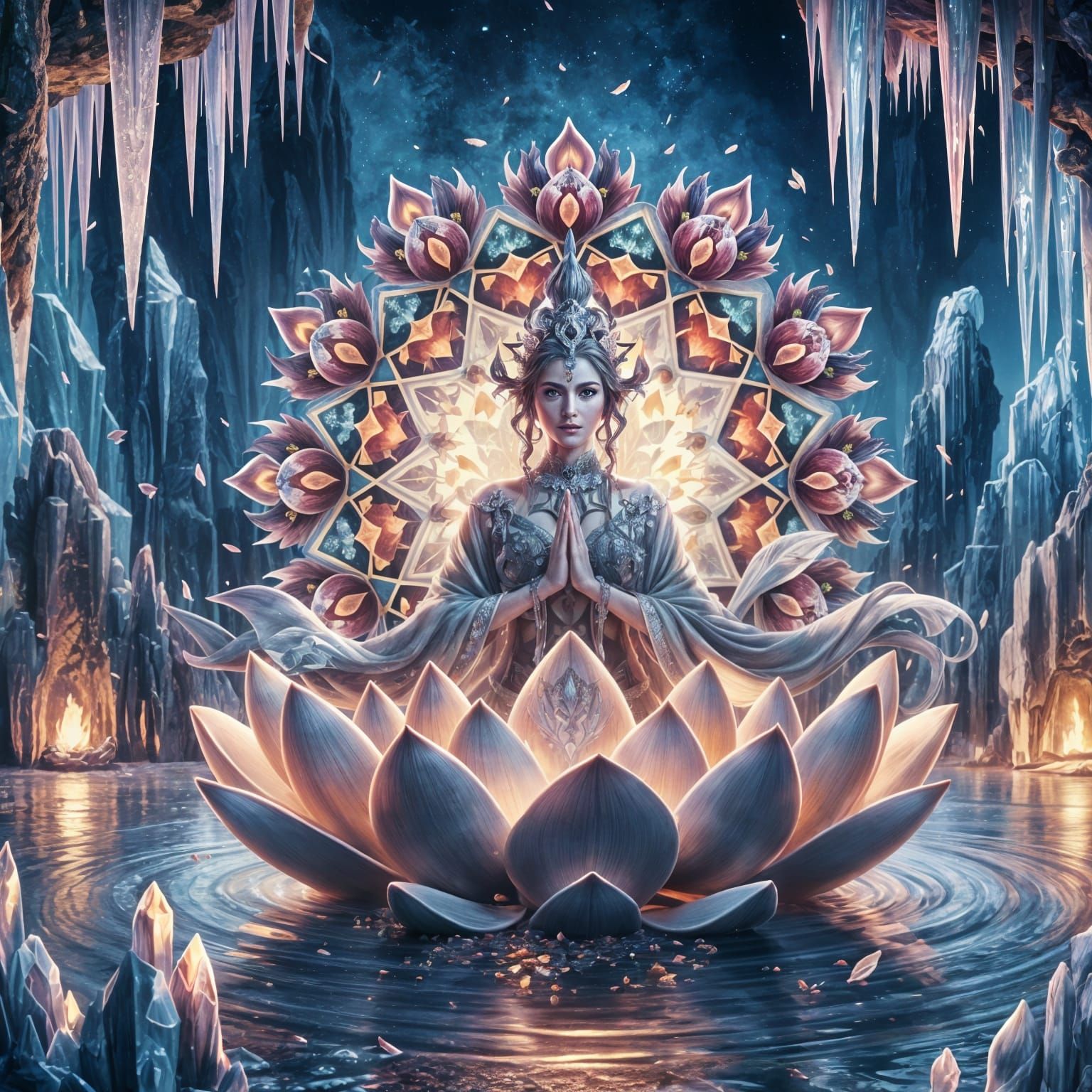Ethereal Goddess Emerging from Lotus Flower in Crystal Cave