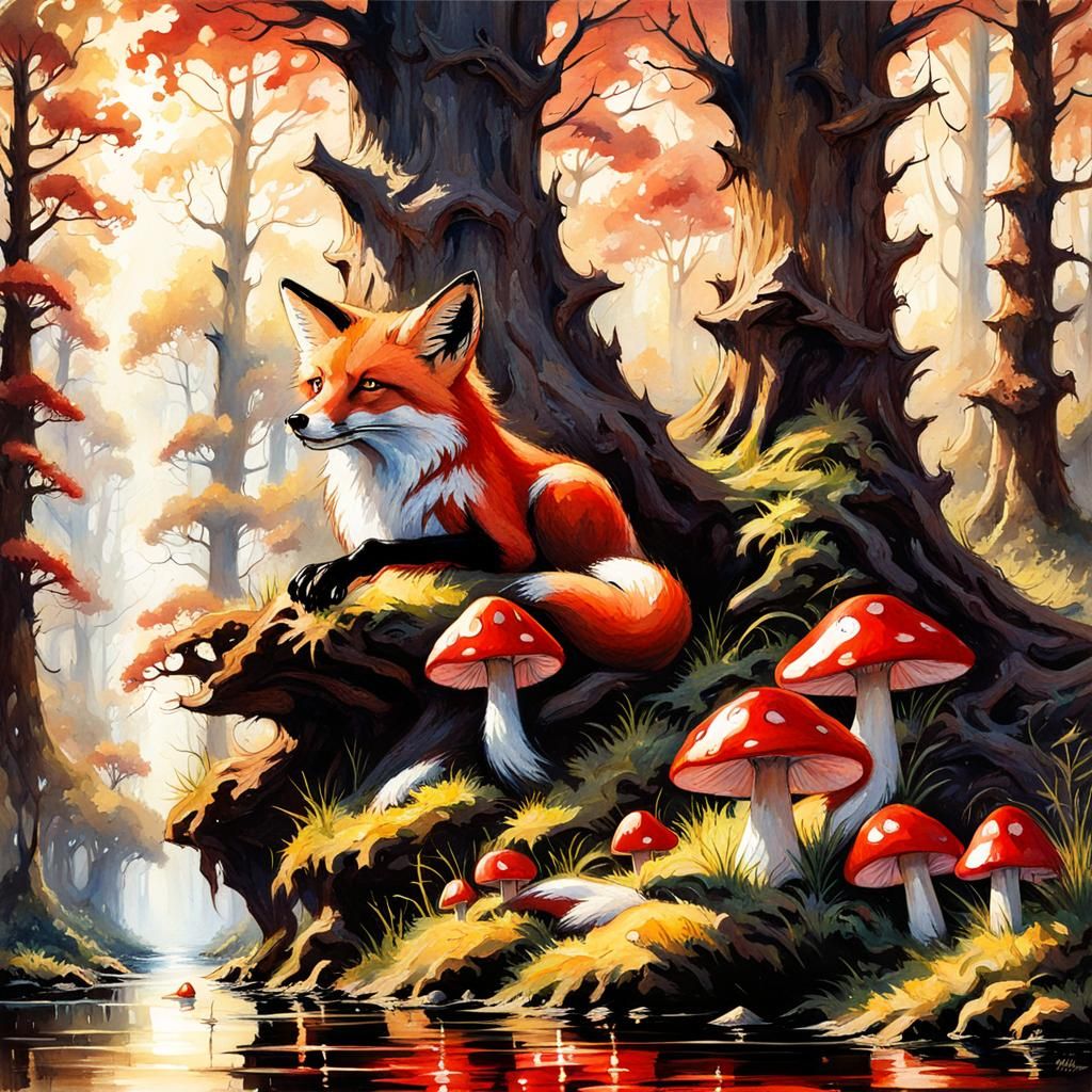 Crimson Fox in Dark Gothic Forest