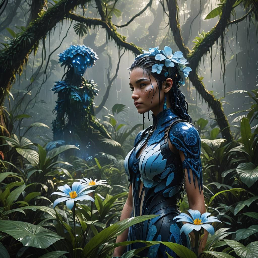 Blue and White Flower in Rainforest: Detailed Matte Painting