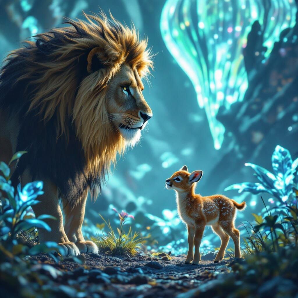 Fawn and Lion on Alien Planet with Bioluminescent Flora