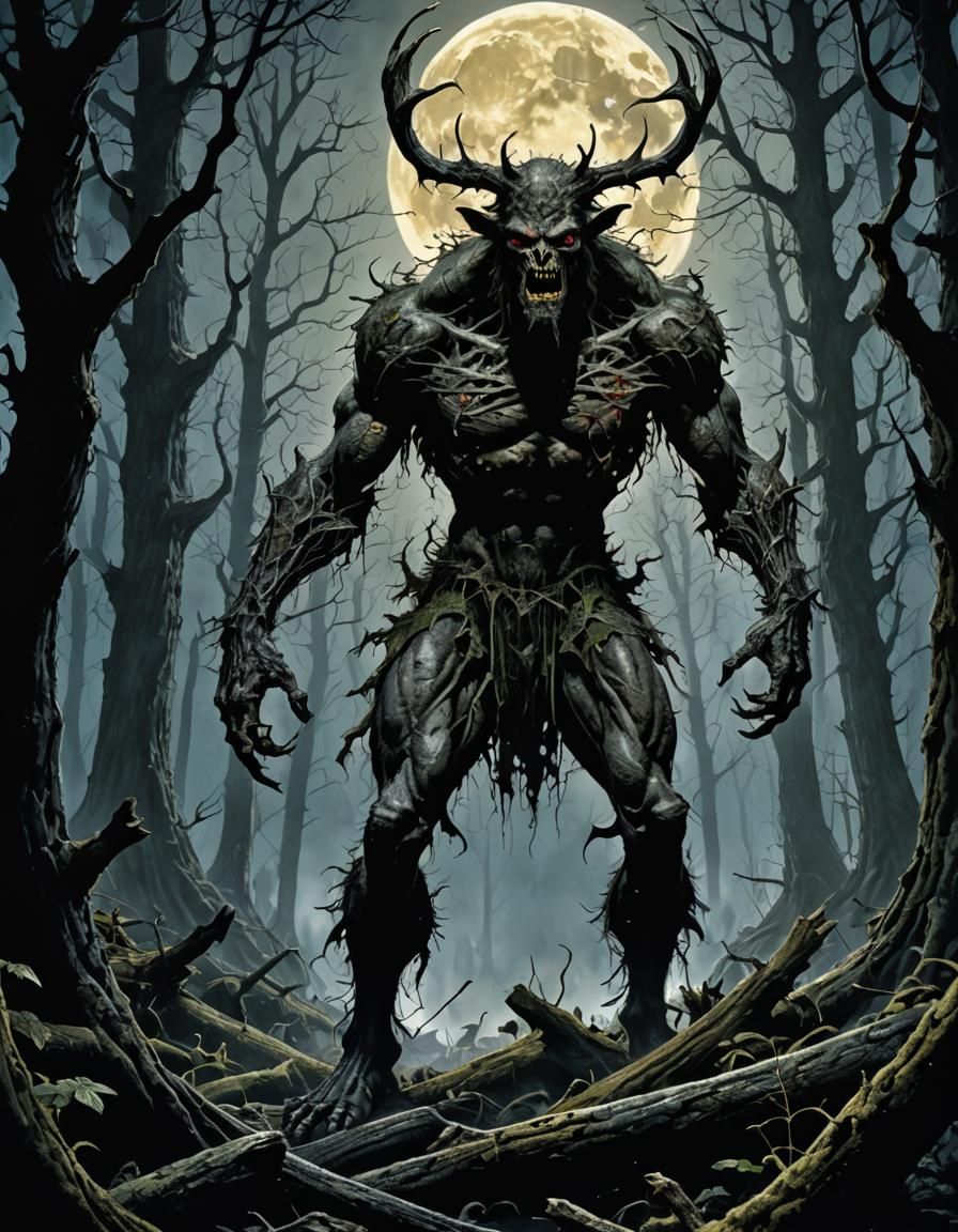 Moonlit Wendigo Silhouette in Dark Woods