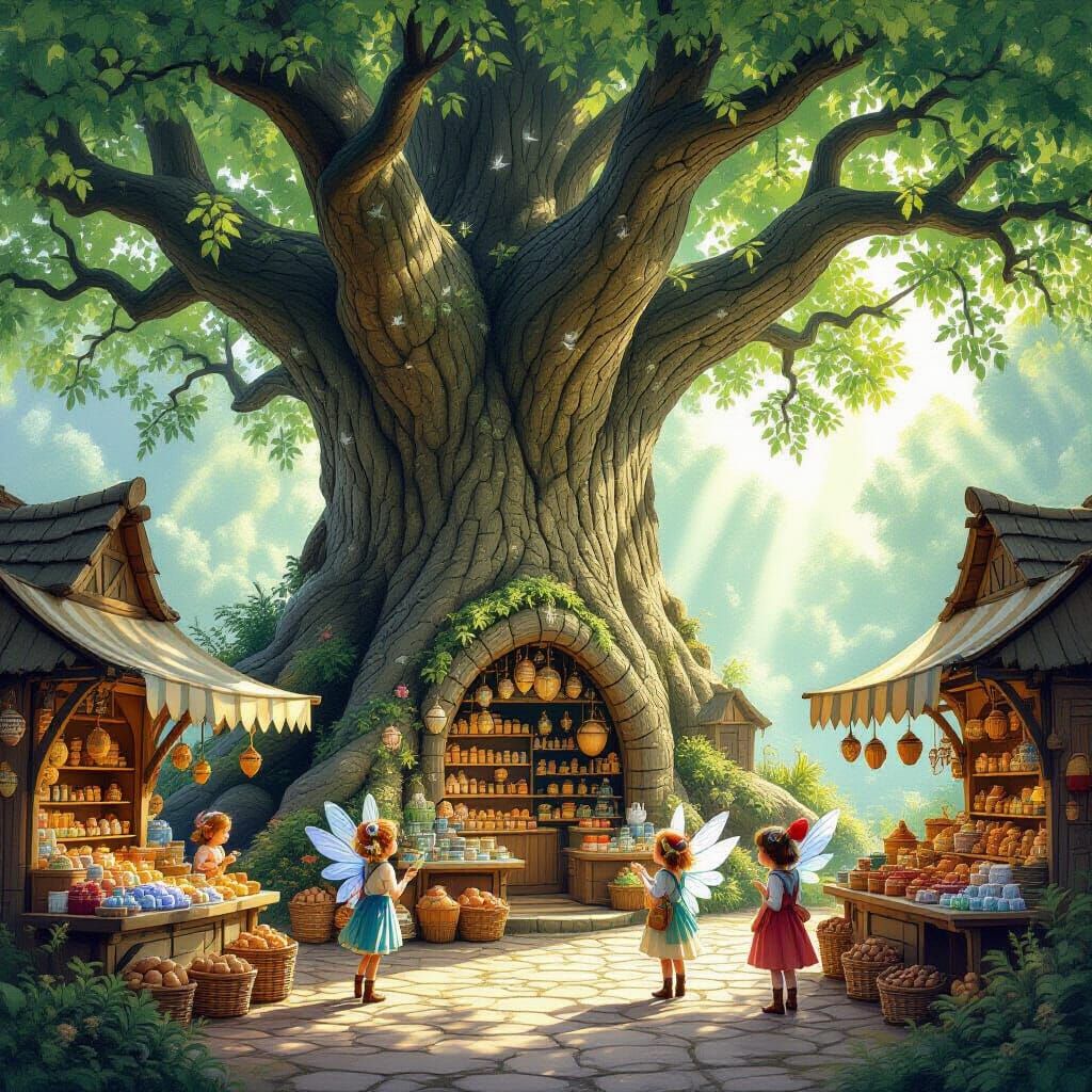 Whimsical Sprite Marketplace in Ancient Tree