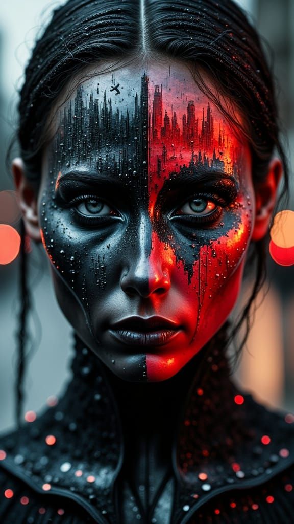 Symmetrical Portrait with Metallic Makeup Reflecting City