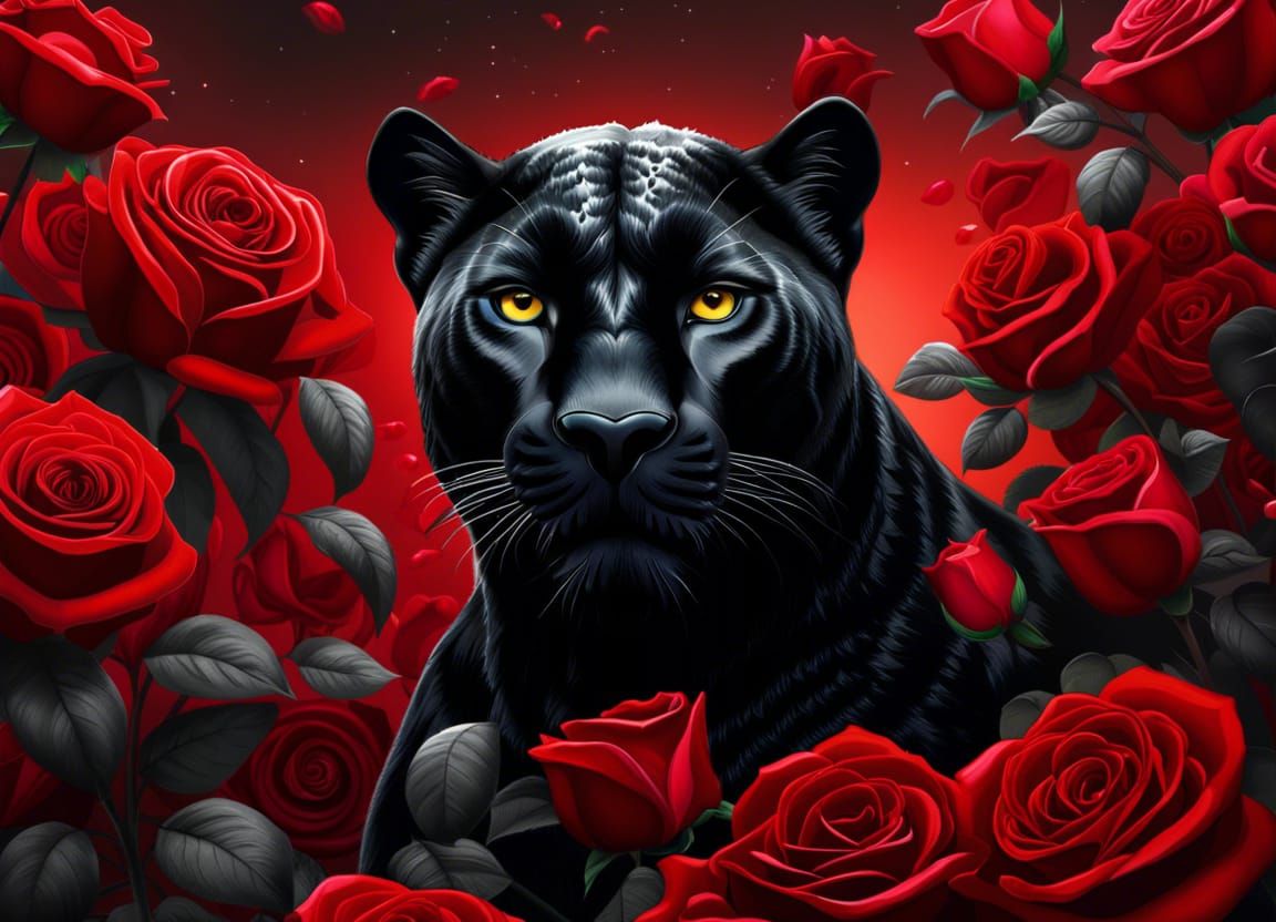 Noir Black Panther Portrait with Red Roses