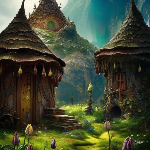 Fairy Houses Carved in Tulips: Fantasy Landscape