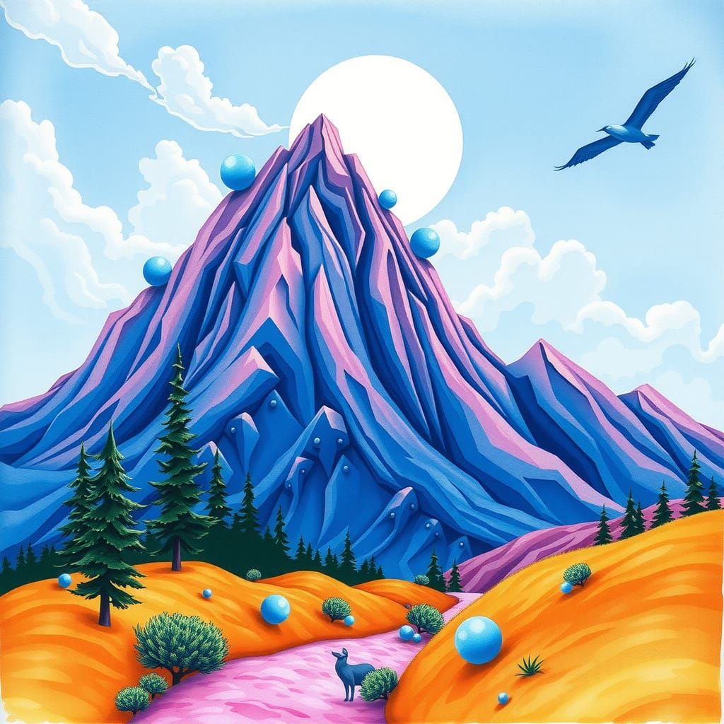 Surreal Gouache Painting in Ultramarine Sienna Fuchsia Color...