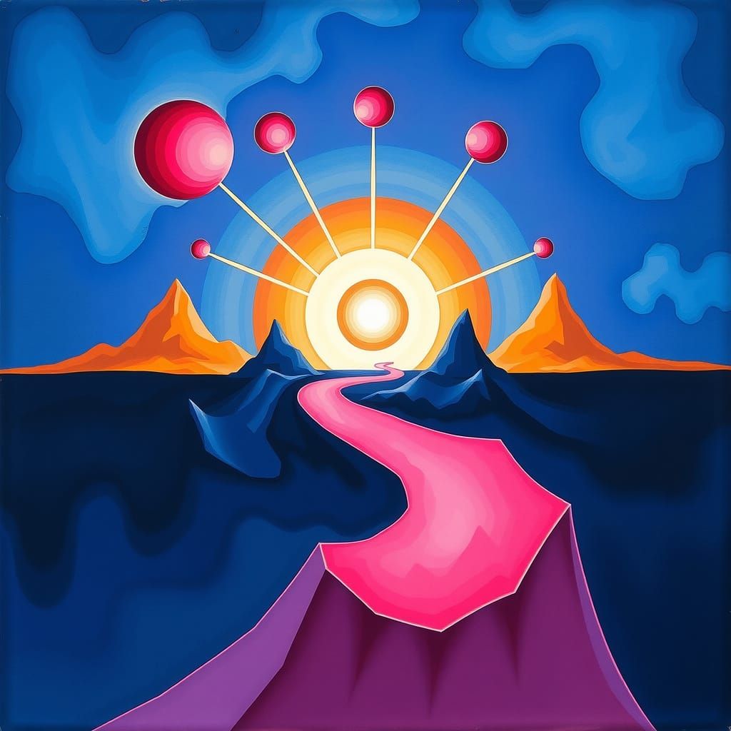 Surreal Precisionist Painting in Ultramarine, Sienna, and Fu...