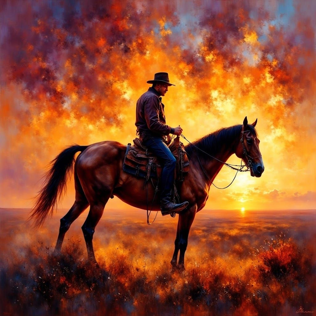 Stoic Cowboy in Dusty Western Dusk, Rothko & Dix Inspired