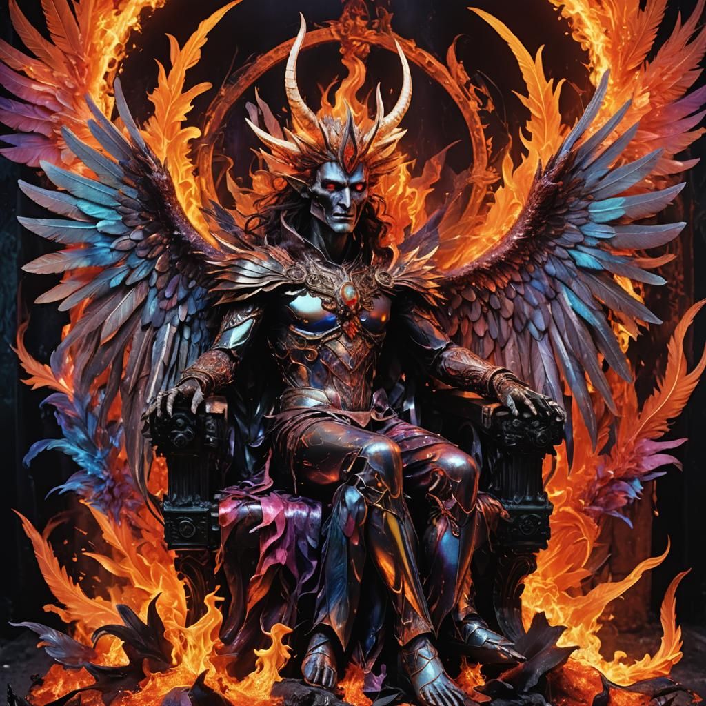 Belial on Throne: Surreal Neon Angel in Flames