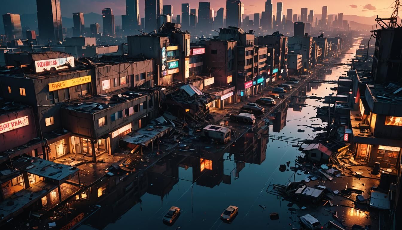 Cyberpunk Los Angeles Ruins After Earthquake