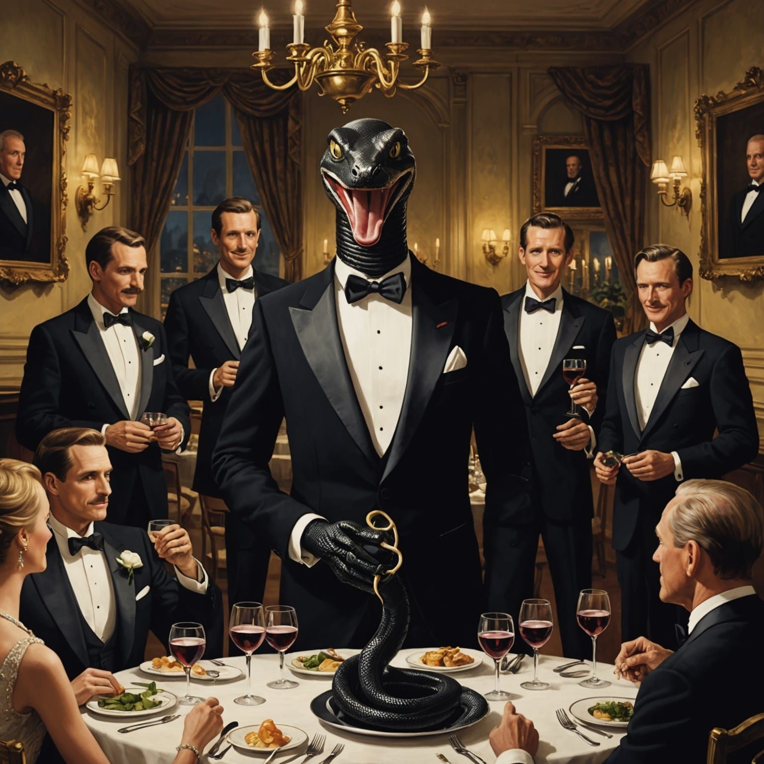 Anthropomorphic Snake in Tuxedo at Dinner Party