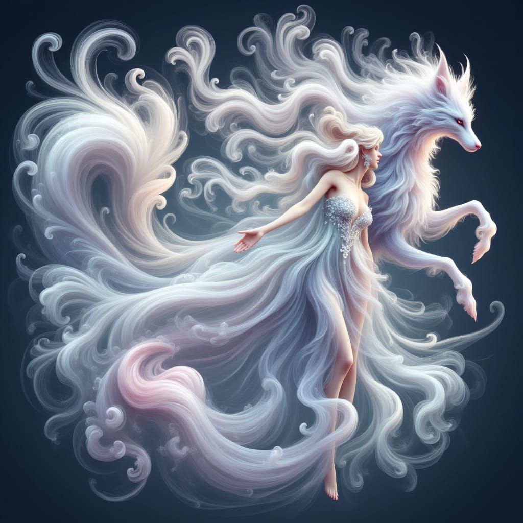 Majestic Kitsune Goddess in Starlit Mist with Anime Princess