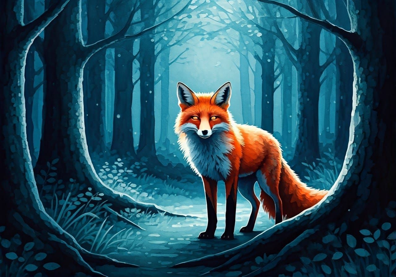 Fox in Moonlit Forest Glade, Painterly Realism