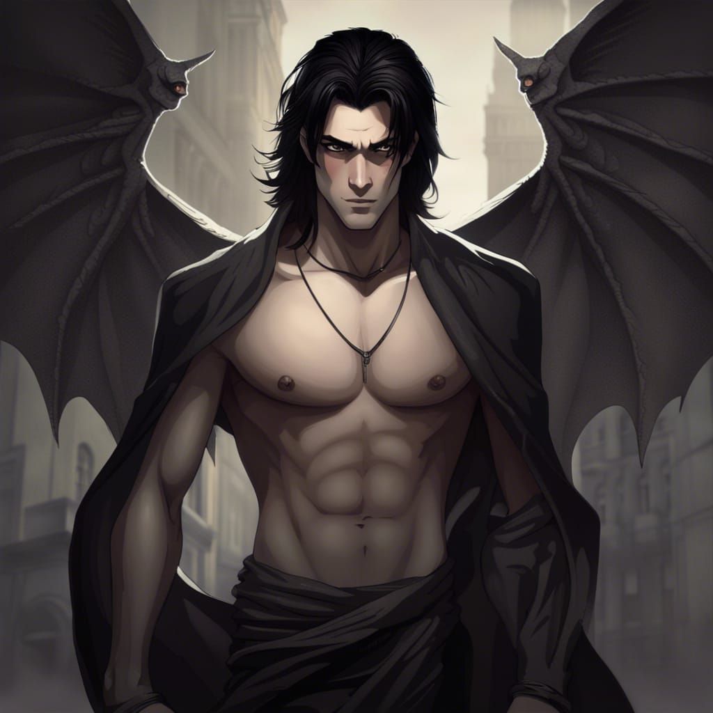 Detailed Gargoyle Statue with Flowing Black Hair