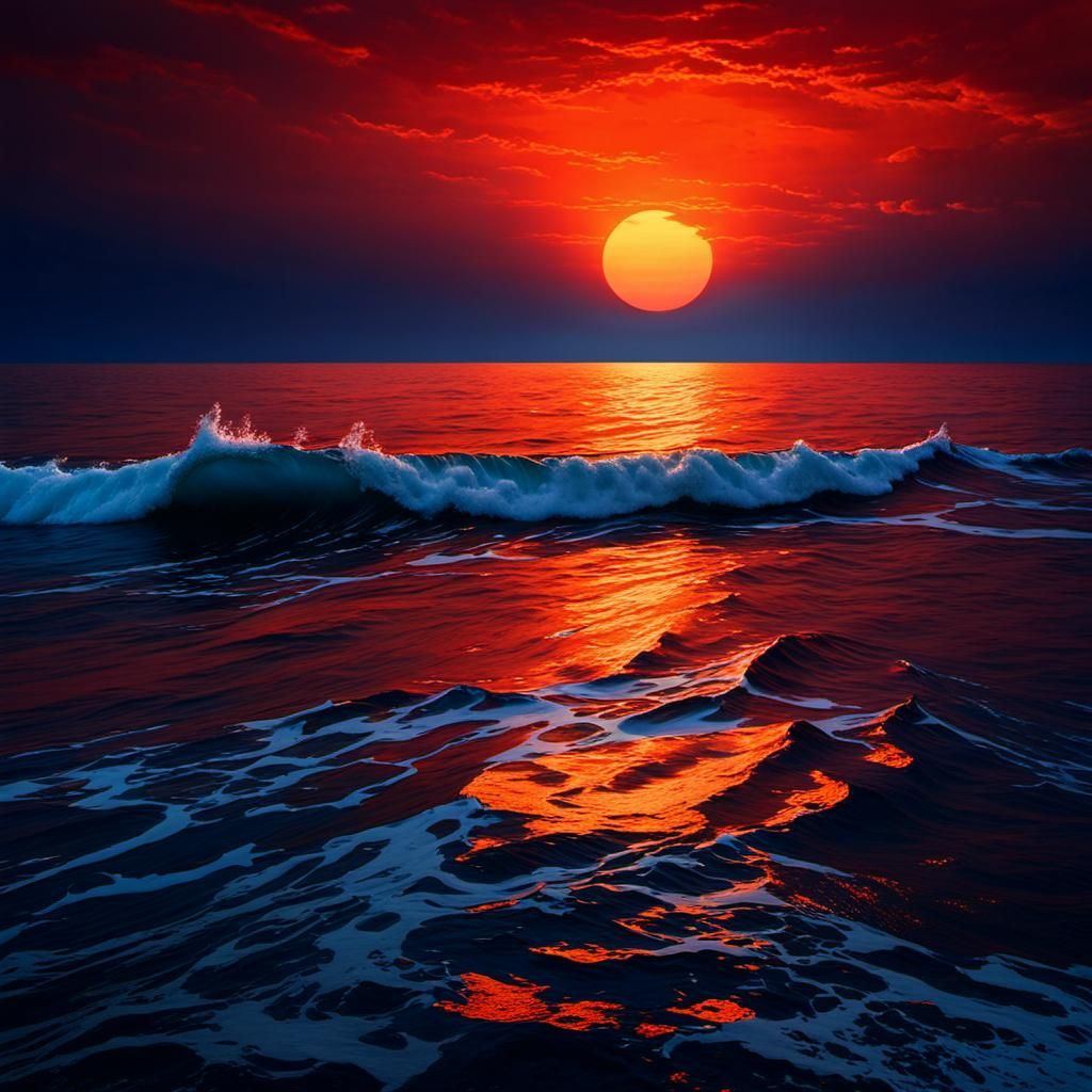 Breathtaking Sunset at Sea with Fiery Sky