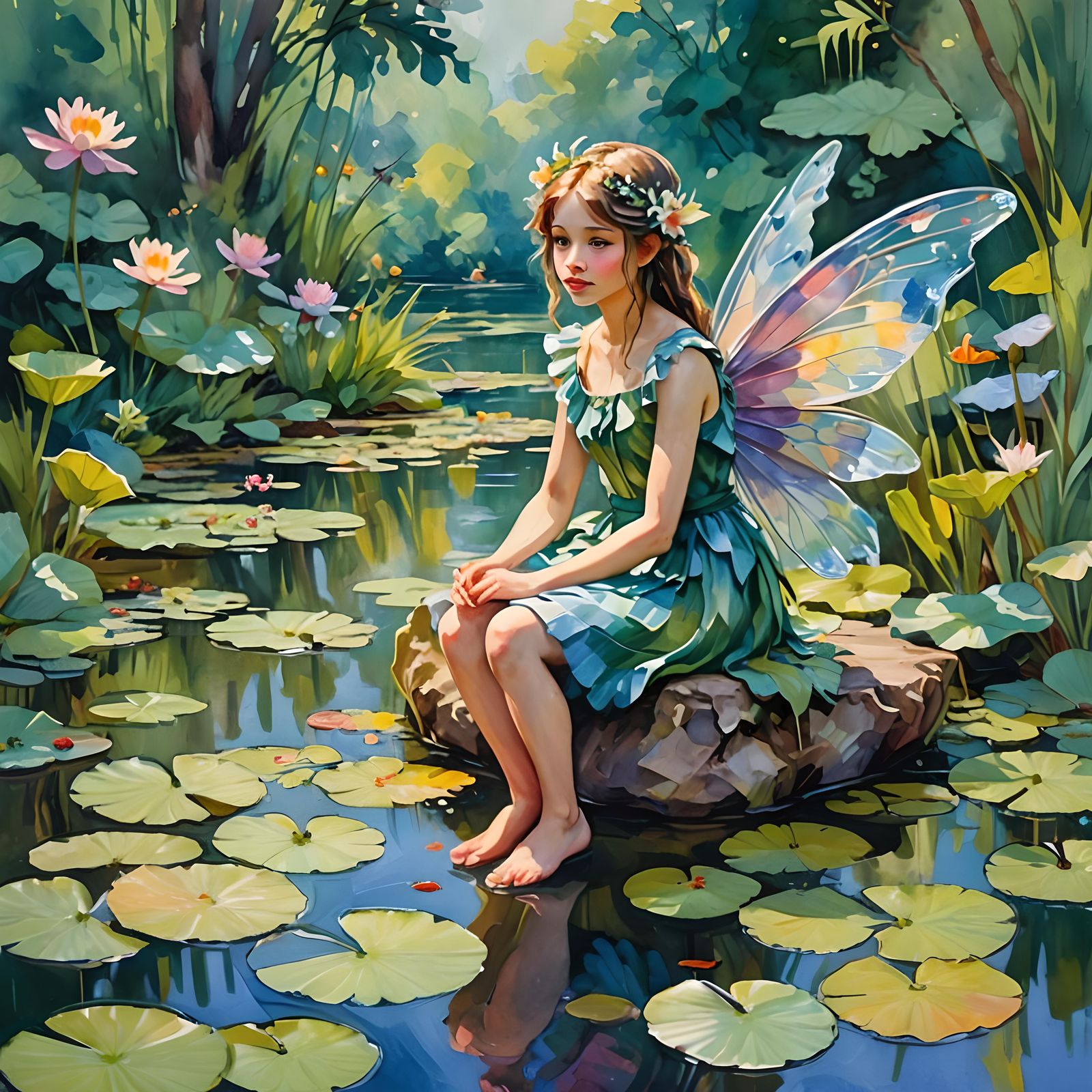 Lilypond Fairy Portrait in Gouache Impressionist Style