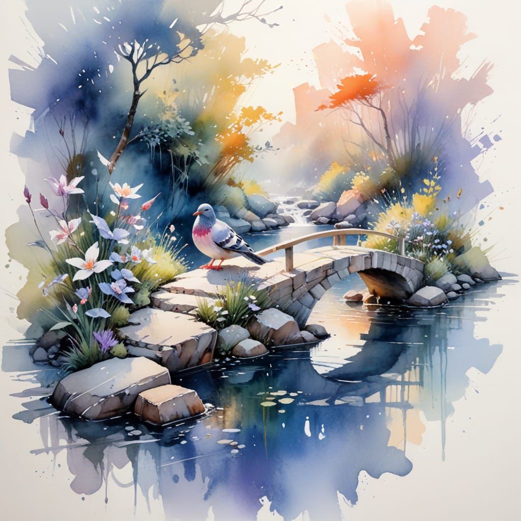 Elegant Stone Bridge Over Stream in Watercolour Style