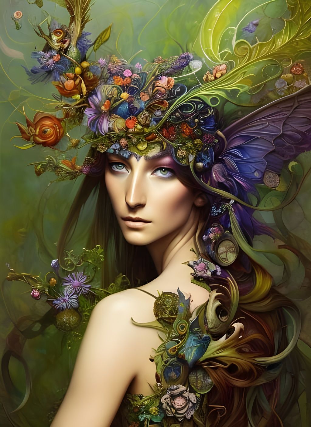 Wildflower Elf Goddess Portrait in Impasto Style