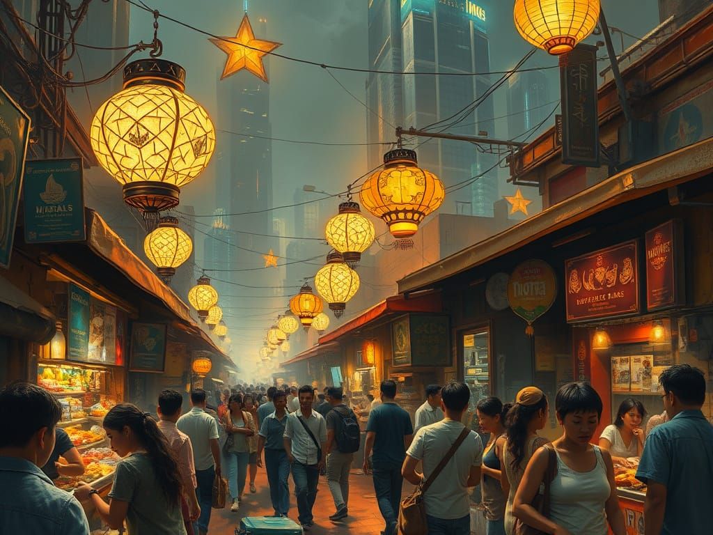Vibrant Cyberpunk Night Market Scene