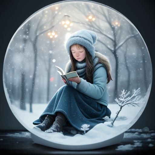 Girl Reading in Winter Wonderland with Dreamy Atmosphere