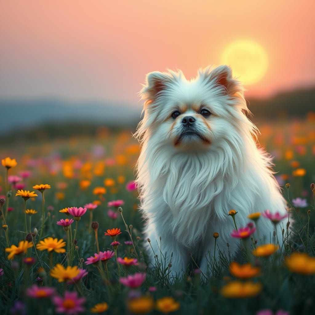 Serene Shi Zhu Havanese Dog in Vibrant Wildflowers under Ful...