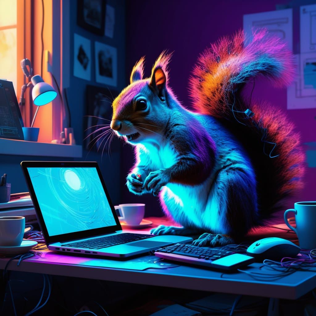 Cyberpunk Squirrel Typing on Laptop, Digital Painting