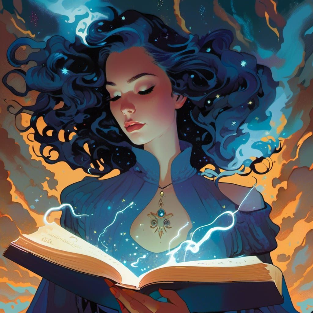 Blue Sorceress Reading Tome Under Starry Night