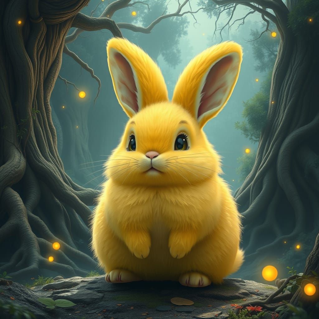 Surreal Fantasy Landscape Featuring a Majestic Fluffy Yellow...