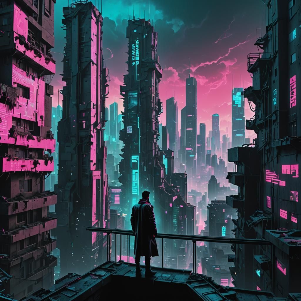 Cyberpunk Ruin: Neon Cityscape in Vector Art Style