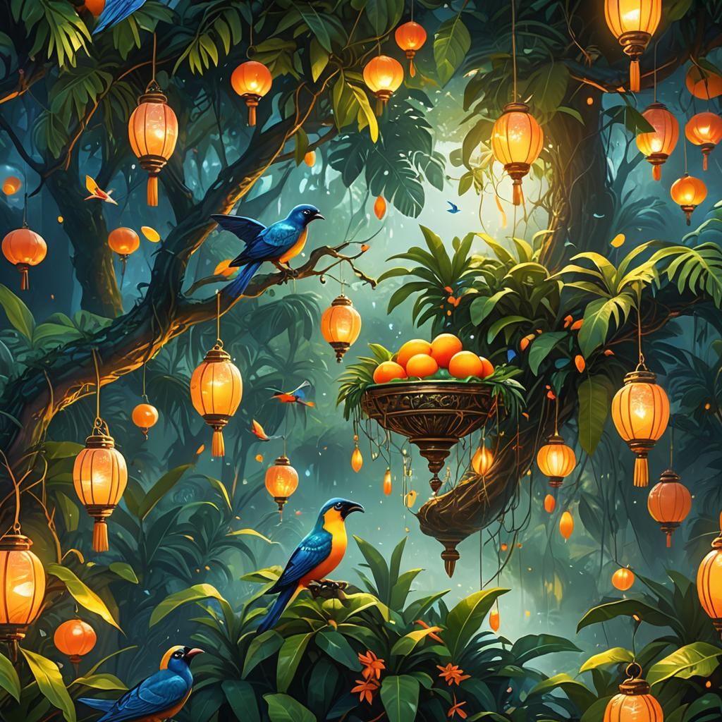 Shimmering Mango Pudding in a Surreal Tropical Dreamscape