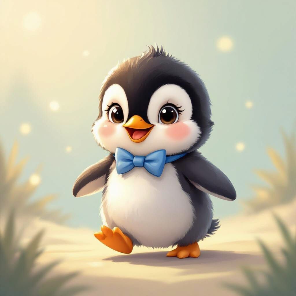 Fluffy Penguin in Blue Bowtie Waddle