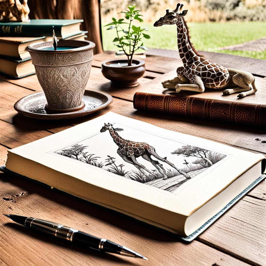 Giraffe Pen and Ink Studio Scene