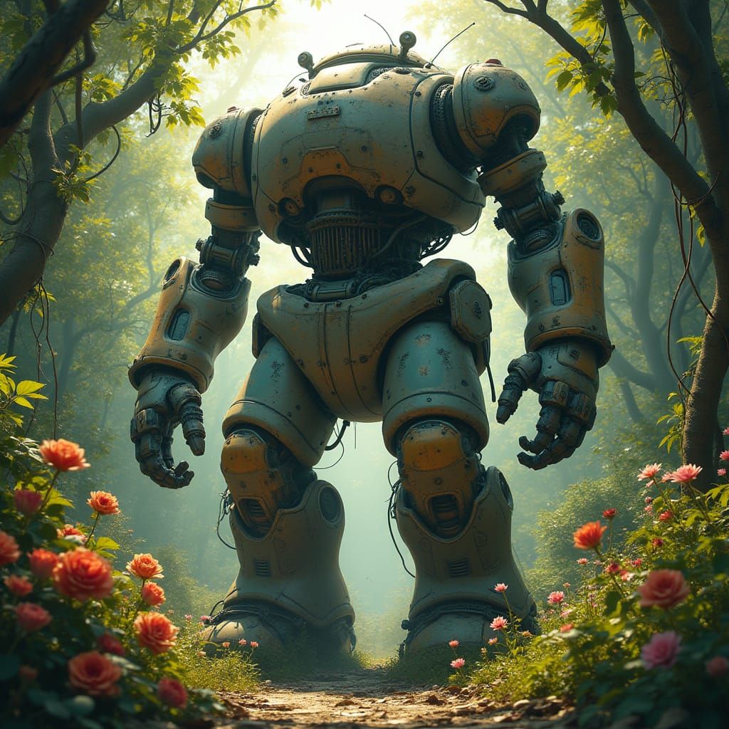 Colossal Robot in Jungle with Vines and Flowers