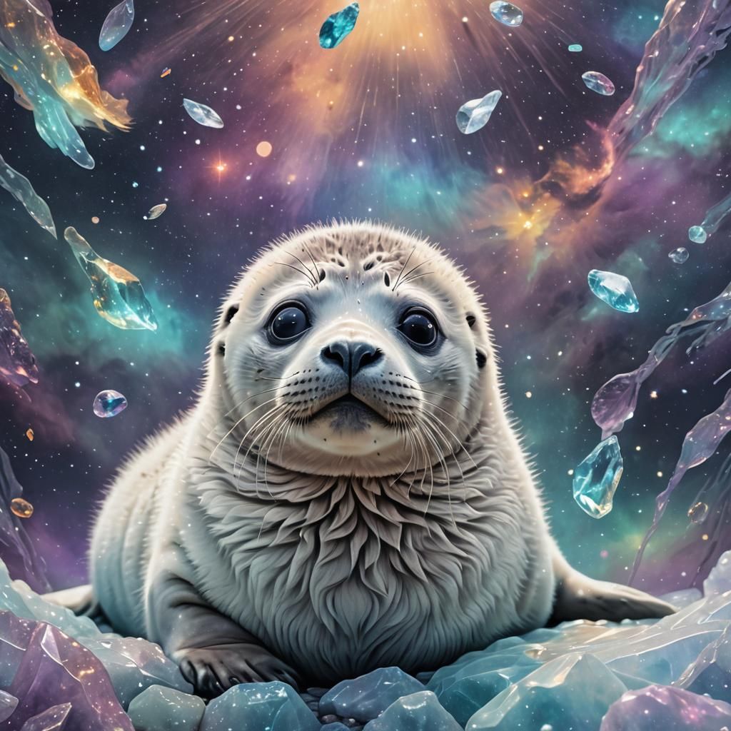 Fluffy Baby Seal with Sad Eyes: Astral Illustration