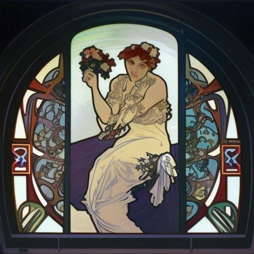 Airship Over Burning Forest in Art Nouveau Style