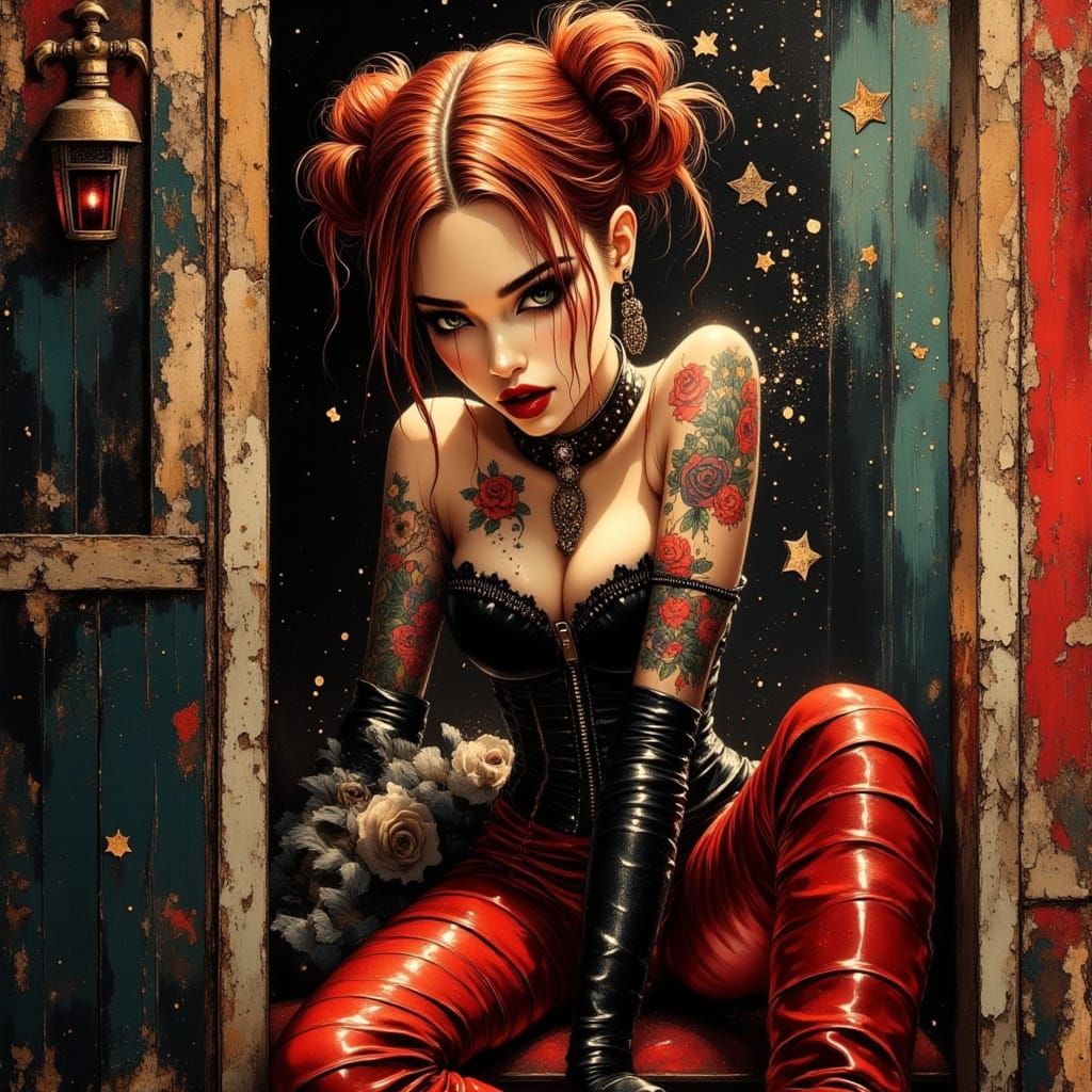 Goth Grunge Beauty: Tattooed Woman in Leather