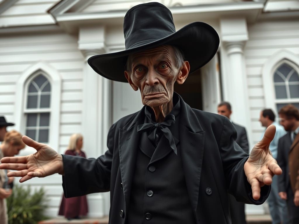 Elderly Preacher in 19th Century Attire Stands Outside Count...