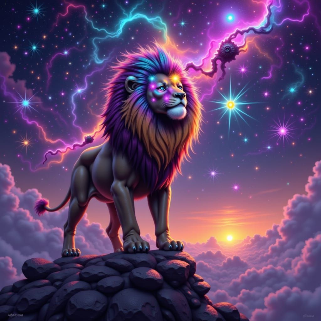 Lion with Starry Mane Overlooking Nebula, Digital Painting