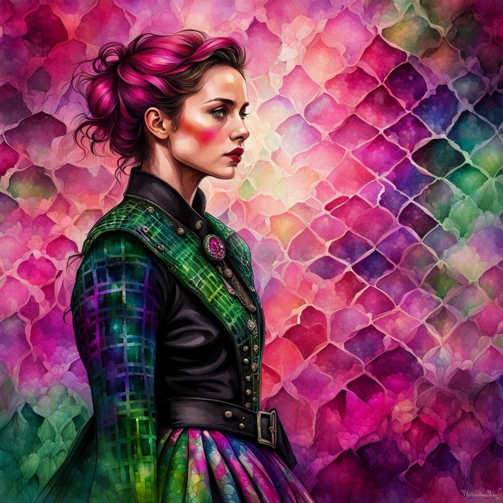 Scottish Woman in Kilt with Plaid Pattern