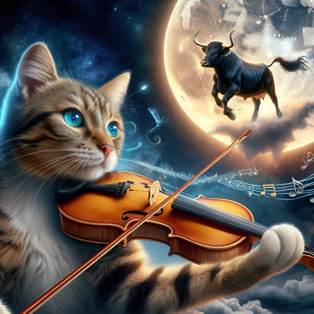 Surreal Cat Plays Violin as Cow Jumps Over Moon