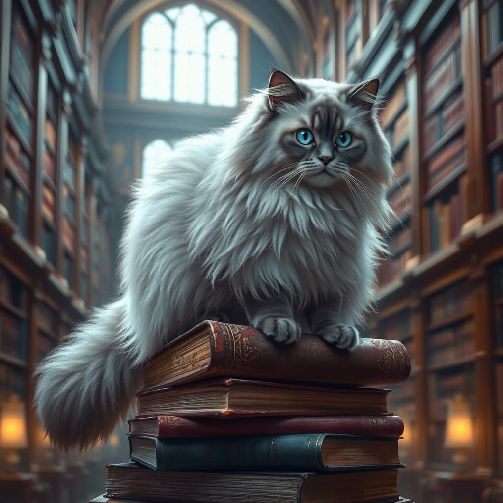 Regal Persian Cat in Grand Library, Captured in Realistic St...