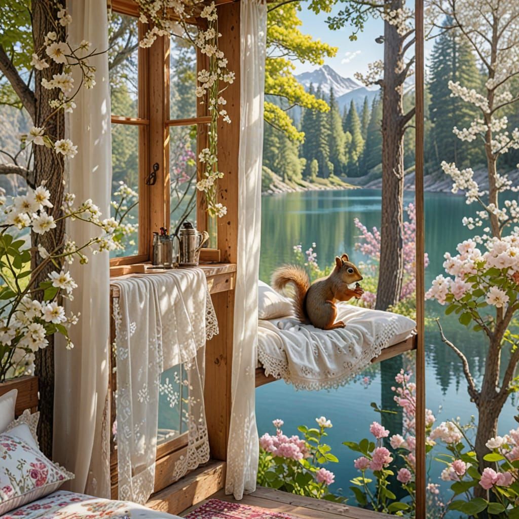 Squirrel in a Serene Lake Cabin Scene