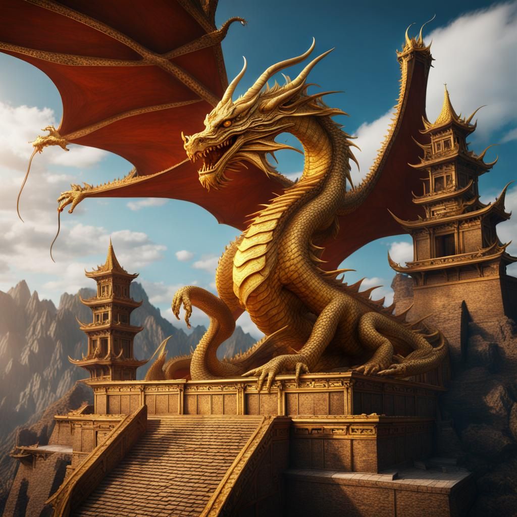 Golden Dragon on Ancient Ziggurat: Fantasy Art